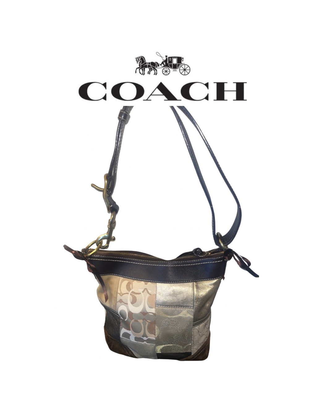 Coach Patchwork Suede Metallic Beige & Brown Crossbody Bag